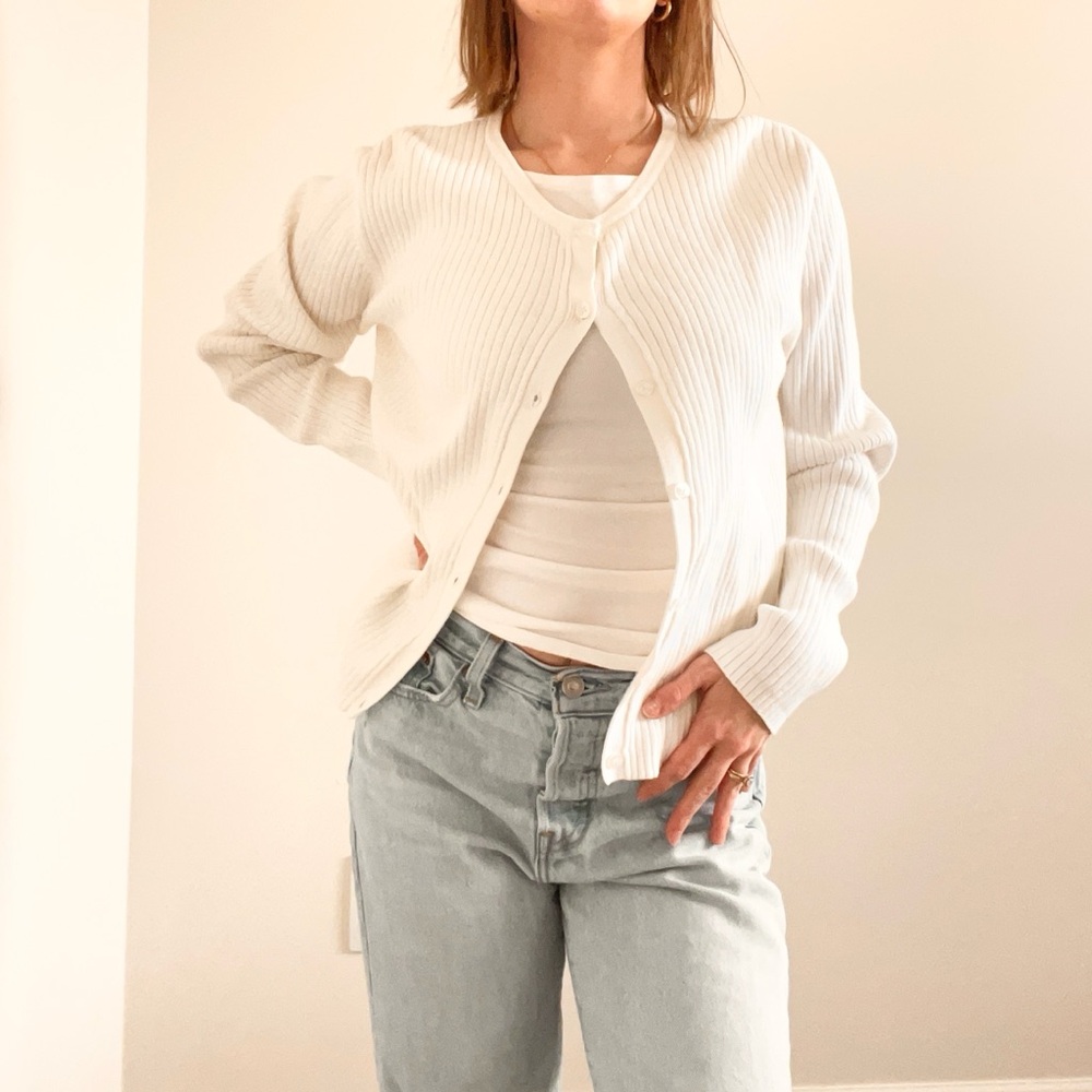 Vintage White Ribbed Cardigan Sweater